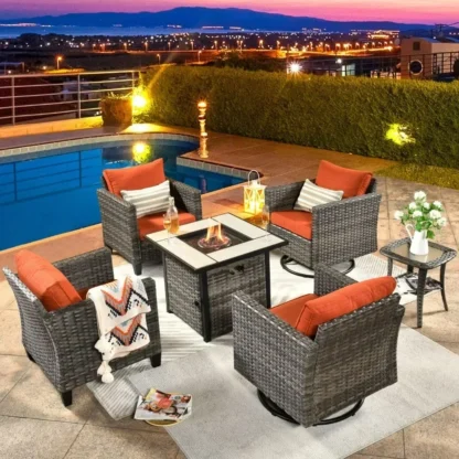 Juego de conversación al aire libre para Patio con mesa para fogones, juego de sofá individual con mecedores giratorios de mimbre PE y mesa auxiliar de centro