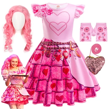 Vestido de Cosplay con estampado Floral para niña, traje de reina de corazones, Descendants 4, The Rise of Red, rosa, Halloween