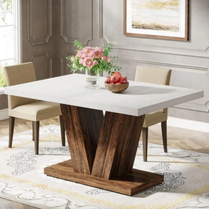 Mesa de comedor de 47 pulgadas para 4, mesa de cocina blanca con pedestal resistente, mesa de comedor de madera de granja para espacios pequeños