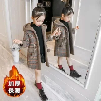 Parka larga de lana con estampado de cuadrícula para niña, abrigo largo con diseño de moda, ropa de abrigo acolchada para otoño e invierno, 2024