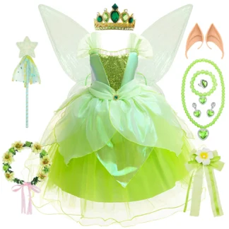 Tinker Bell Vestido de princesa de hadas para niñas, disfraz de elfo de Cosplay para niños, ropa de fiesta de Carnaval de Halloween, Vestido verde de fantasía
