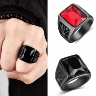 Nuevo anillo de hombre de moda de rubí negro con grabado de hoja de arce personalizado europeo y americano