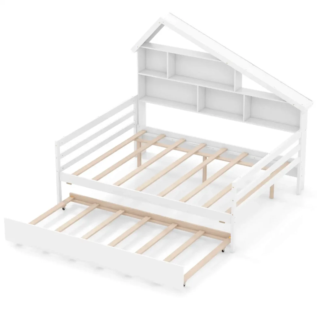 Cama de día de tamaño completo con cama doble, estantería y cabecera, color blanco