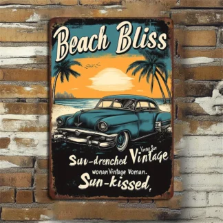 Letrero de hierro de metal vintage Beach Bliss: diseño de palma de atardecer vintage, arte de pared de hierro para garaje, bar, decoración del hogar, medidas de 8 x 12 pulgadas