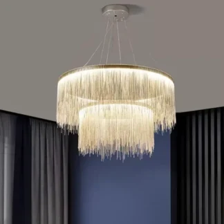 Candelabro de cadena con borlas moderno, candelabro de techo LED regulable de plata de acero inoxidable nórdico, luz colgante para restaurante