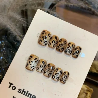 10 Uds. De uñas postizas de Gel de ojo de gato con estampado de leopardo, uñas postizas hechas a mano, uñas artificiales acrílicas de moda cuadradas cortas