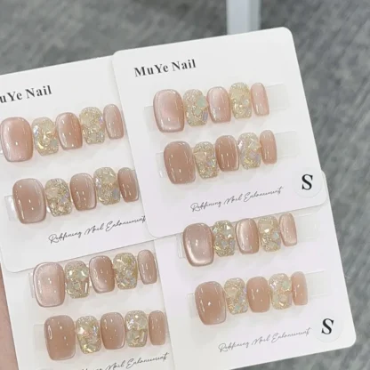 Uñas postizas minimalistas para verano, uñas postizas con diamantes de imitación brillantes, redondas y extraíbles, 24 piezas