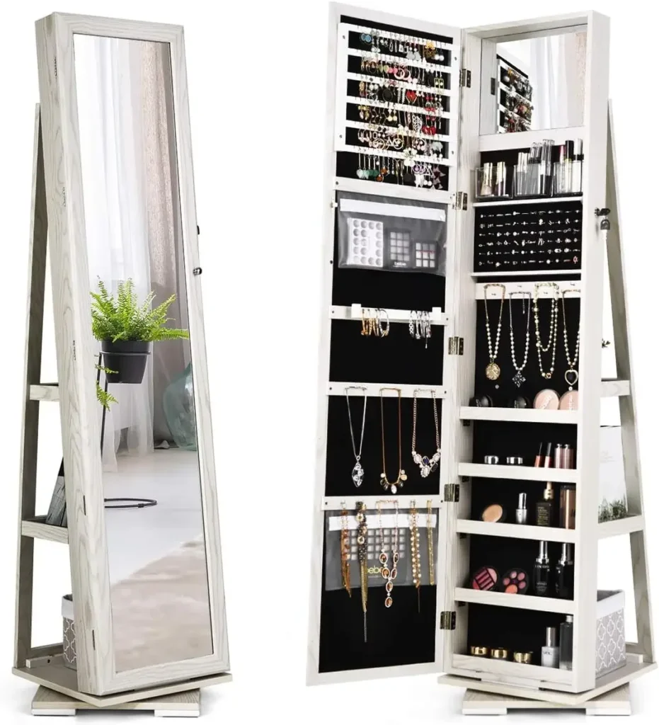 Armario de joyería giratorio con espejo de maquillaje interior de longitud completa superior, organizador de gabinete con cerradura de pie, gran capacidad, respaldo S