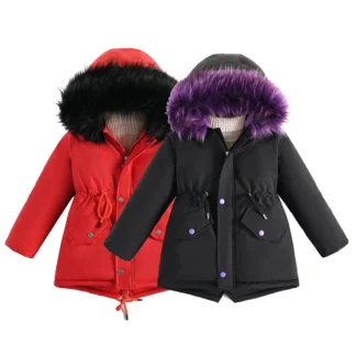 Chaqueta de invierno para niñas adolescentes, abrigo cortavientos cálido de terciopelo con Cuello de piel, Parkas con capucha, prendas de vestir exteriores para niños de 4 a 14 años