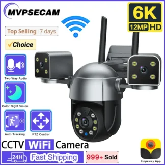 Cámara IP HD 6K, vigilancia Wifi, 3 lentes, 3 pantallas, cámara PTZ de seguridad, lente Dual de 12MP, cámara CCTV de vídeo de seguimiento automático