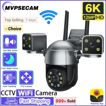 Cámara IP HD 6K, vigilancia Wifi, 3 lentes, 3 pantallas, cámara PTZ de seguridad, lente Dual de 12MP, cámara CCTV de vídeo de seguimiento automático