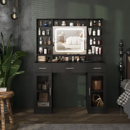 Tocador de maquillaje con luces, escritorio de tocador de 43,4 pulgadas con regleta, 3 cajones y 2 gabinetes, mesa de maquillaje con espejo iluminado