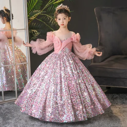 Vestidos de noche para niños y niñas, vestidos de baile de lujo, disfraces de lentejuelas de princesa para banquete