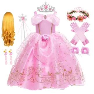 Vestido de princesa Rosa Aurora para niña, disfraz de Cosplay de Bella Durmiente, estampado Floral de rosas, vestidos de tirantes, vestido elegante para niños de 2 a 10 años