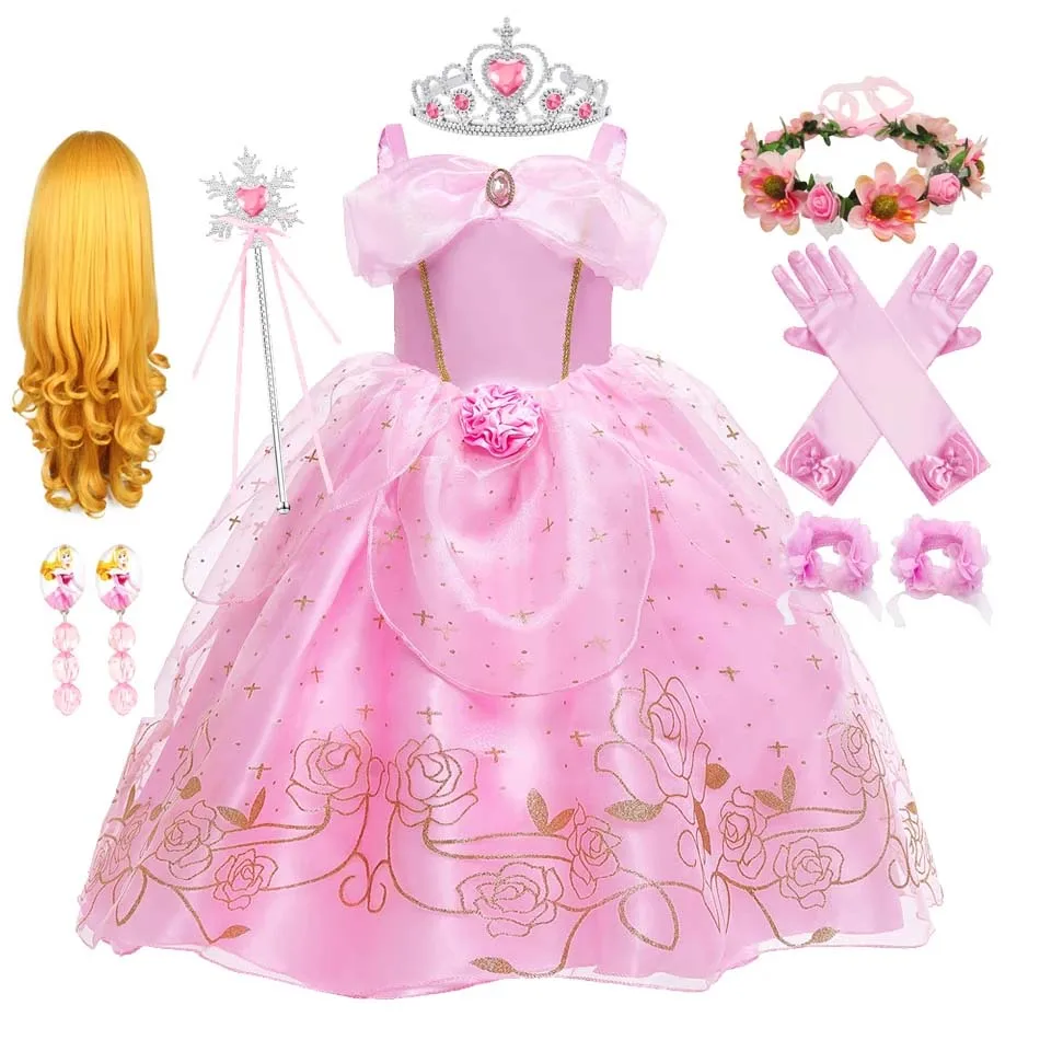 Vestido de princesa Rosa Aurora para niña, disfraz de Cosplay de Bella Durmiente, estampado Floral de rosas, vestidos de tirantes, vestido elegante para niños de 2 a 10 años
