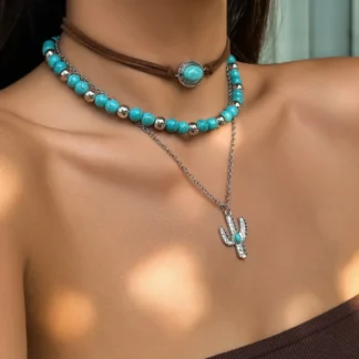 Collar con colgante de Cactus de Metal bohemio para mujer, collar de clavícula de múltiples capas, verde turquesa, cuentas Retro, joyería de moda para niñas 2024