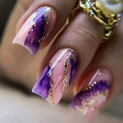 24 Uds. Juego de uñas postizas artificiales de color rosa, morado y dorado, arte de uñas acrílico barato medio cuadrado para pegar 2024