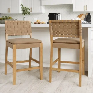 Taburete de bar de cuero moderno de mediados de siglo, silla con altura de mostrador en estructura de madera maciza con reposapiés y respaldo de cuero tejido, juego de 2