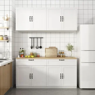Gabinete de despensa de cocina, gabinete de almacenamiento de cocina montado en la pared con encimera, gabinete de despensa de madera con cajones y puertas