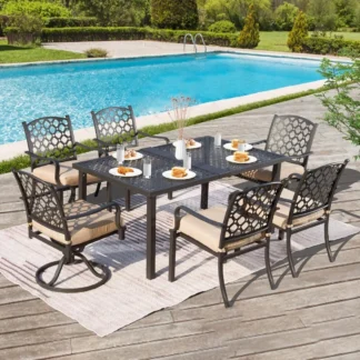 Juegos de comedor para Patio de 7 piezas, juegos de comedor modernos de Metal para exteriores para todo tipo de clima con mesa para césped, jardín, patio trasero, terraza con cojines