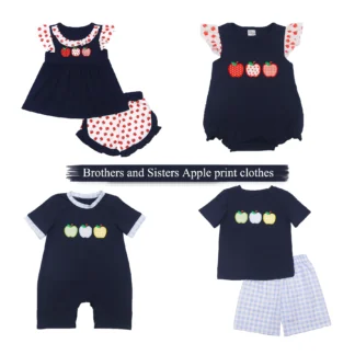 Ropa de verano para niños, vestido pequeño de manga voladora, cuello redondo, patrón de manzana, Top de chica negra, camiseta y pantalones cortos de punto rojo