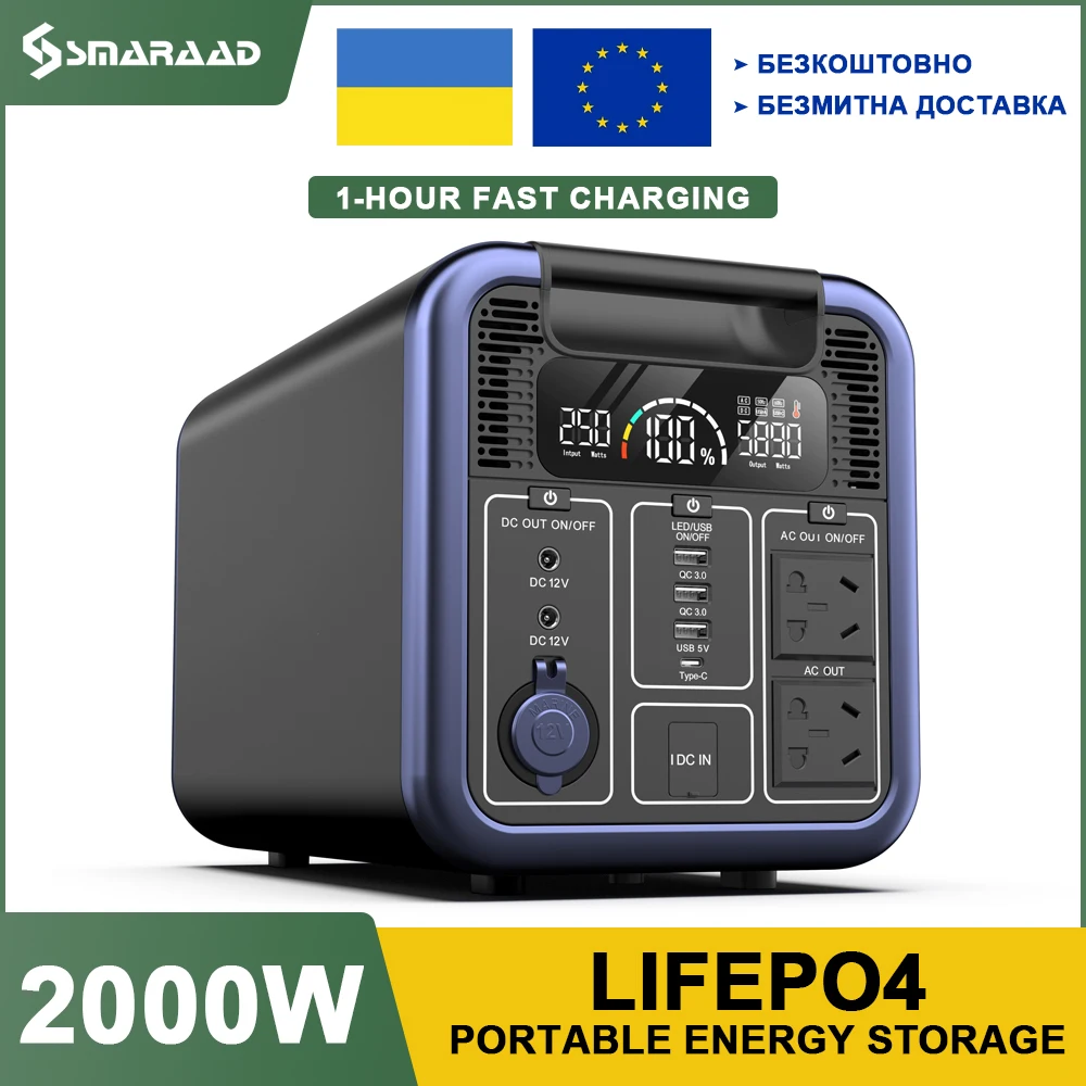 Polonia libera Ucrania LiFePO4 almacenamiento de energía portátil 220V pico 2000W estación de carga portátil de gran capacidad conectar el hogar