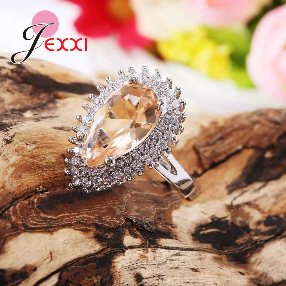 Exquisita plata de ley 925 gota de agua de cristal de compromiso anillos para propuesta para mujeres Cubic Zirconia anillo de boda joyería