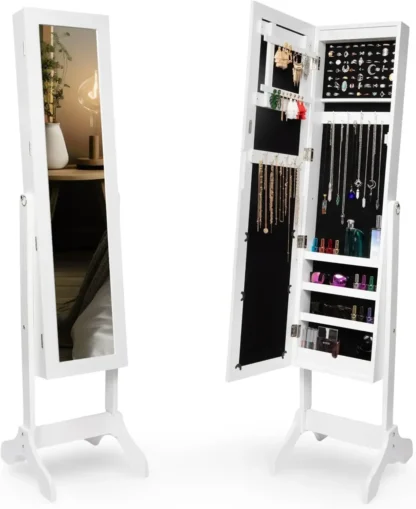 Armario para joyería con luz LED con espejo, almacenamiento grande, armario con espejo de 57 pulgadas de alto, caja para collar, anillo, 27 ganchos para niñas