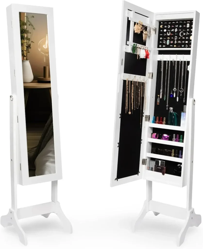 Armario para joyería con luz LED con espejo, almacenamiento grande, armario con espejo de 57 pulgadas de alto, caja para collar, anillo, 27 ganchos para niñas