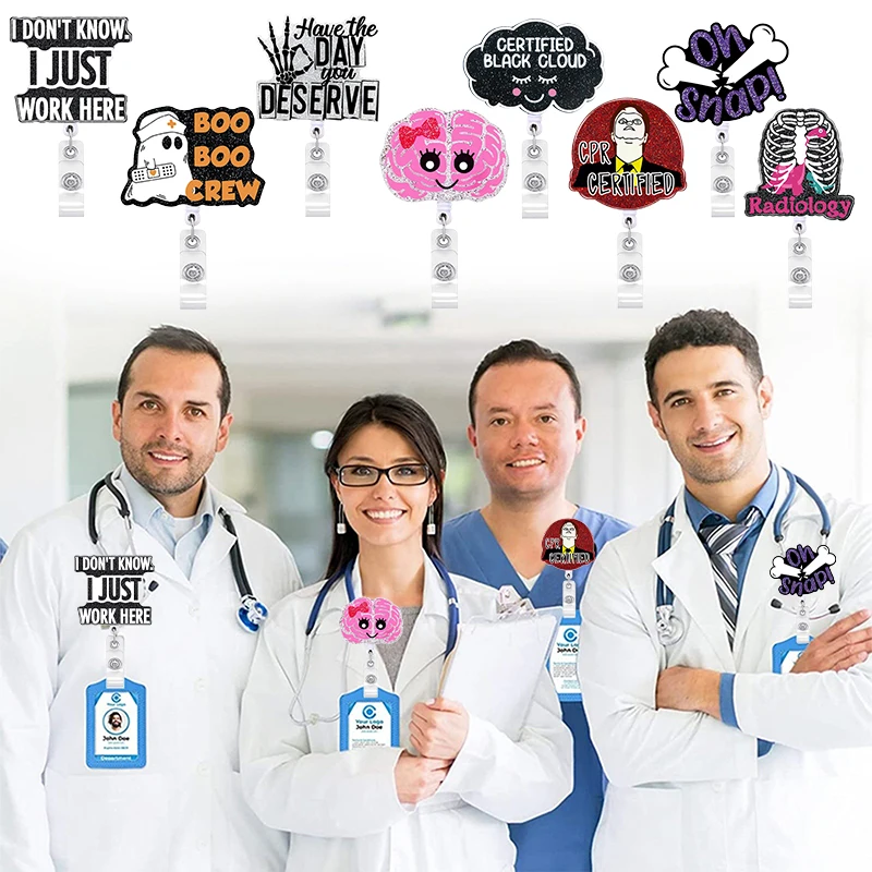 Carrete retráctil con purpurina para insignia de enfermera, 2 uds., bonito Anime, etiqueta de nombre para fiesta de Halloween, tarjetero de identificación, cordón para llaves