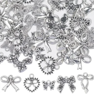 50 Uds. De 5 estilos de dijes de lazo, aleación de plata ahuecada, estilo tibetano, dijes de Navidad y Halloween para kit de fabricación de joyas