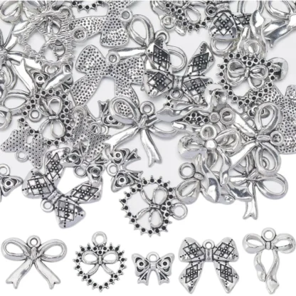 50 Uds. De 5 estilos de dijes de lazo, aleación de plata ahuecada, estilo tibetano, dijes de Navidad y Halloween para kit de fabricación de joyas