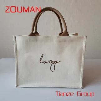 Bolsa de mano de algodón de lona impermeable laminada con forma cuadrada, bolso de compras con logotipo personalizado respetuoso con el medio ambiente, Asa de color
