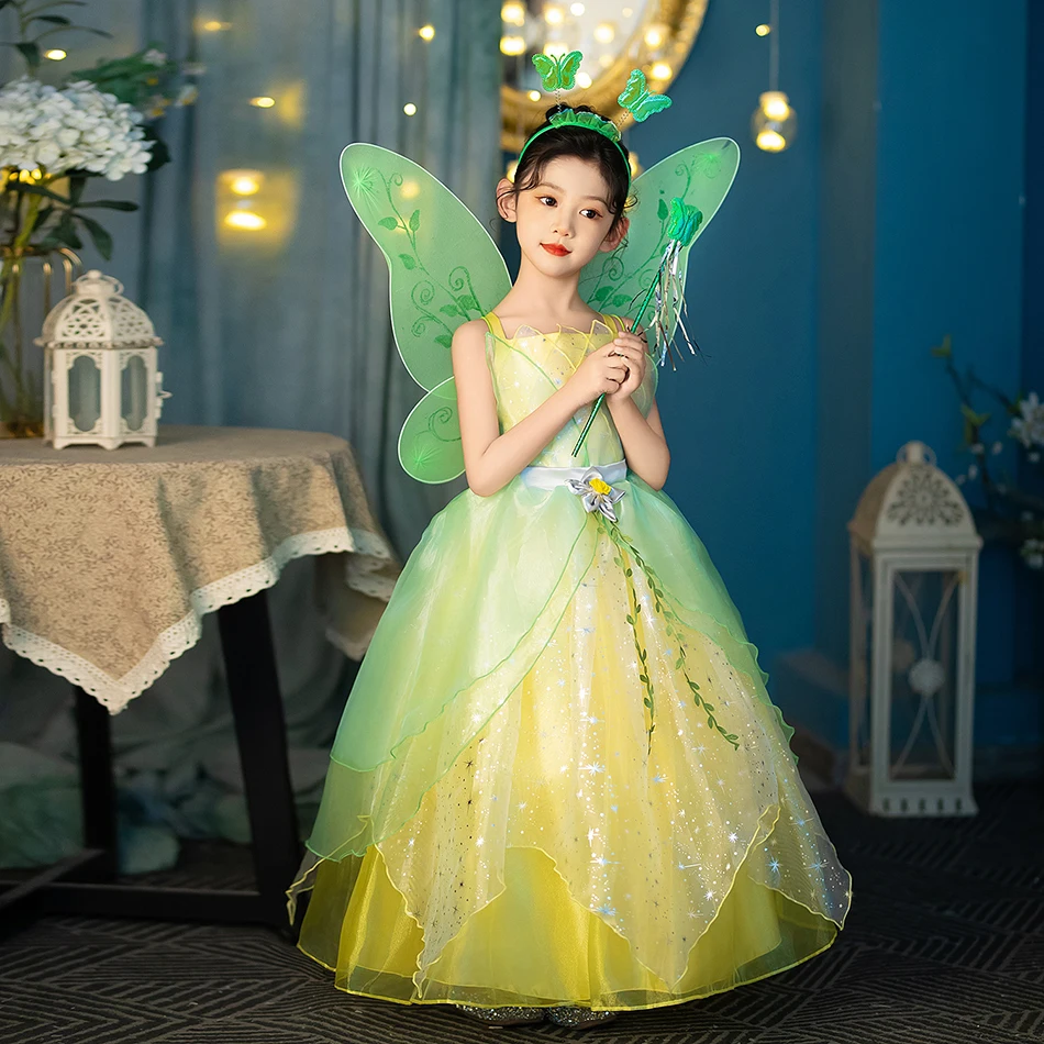 Vestidos para niñas, encantadora Hada Verde Tiana, vestido de Cosplay para niños, fiestas de Carnaval de Halloween, vestidos para actuaciones en escenario