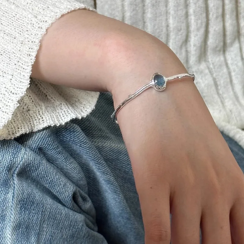 Pulsera de plata 925 para mujer y niña, brazalete Irregular de piedra azul mate, joyería de moda, regalo, venta al por mayor