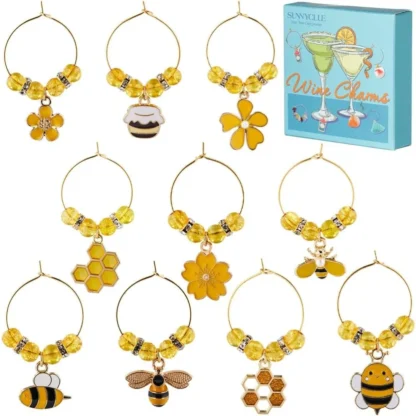 10 Uds. De iconos esmaltados de copa de vino y abeja, dijes, marcadores de bebidas, etiquetas, linda flor, abeja, miel, insecto, tallo, kit de fabricación de vasos