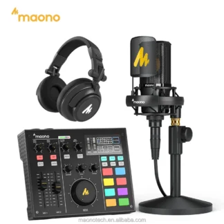 MAONO-Paquete de equipo de Podcast, mezclador de Podcast, micrófono de condensador, Monitor de auriculares para juegos, altavoz, tarjetas de sonido, mezclador de Audio