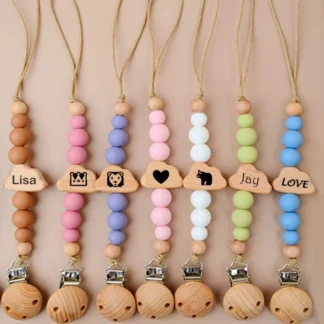 2025 Clips para chupete con nombre personalizado, cadena de nube de haya hecha a mano, soporte de cuentas de silicona, chupete, juguete para la dentición del bebé, regalo para masticar