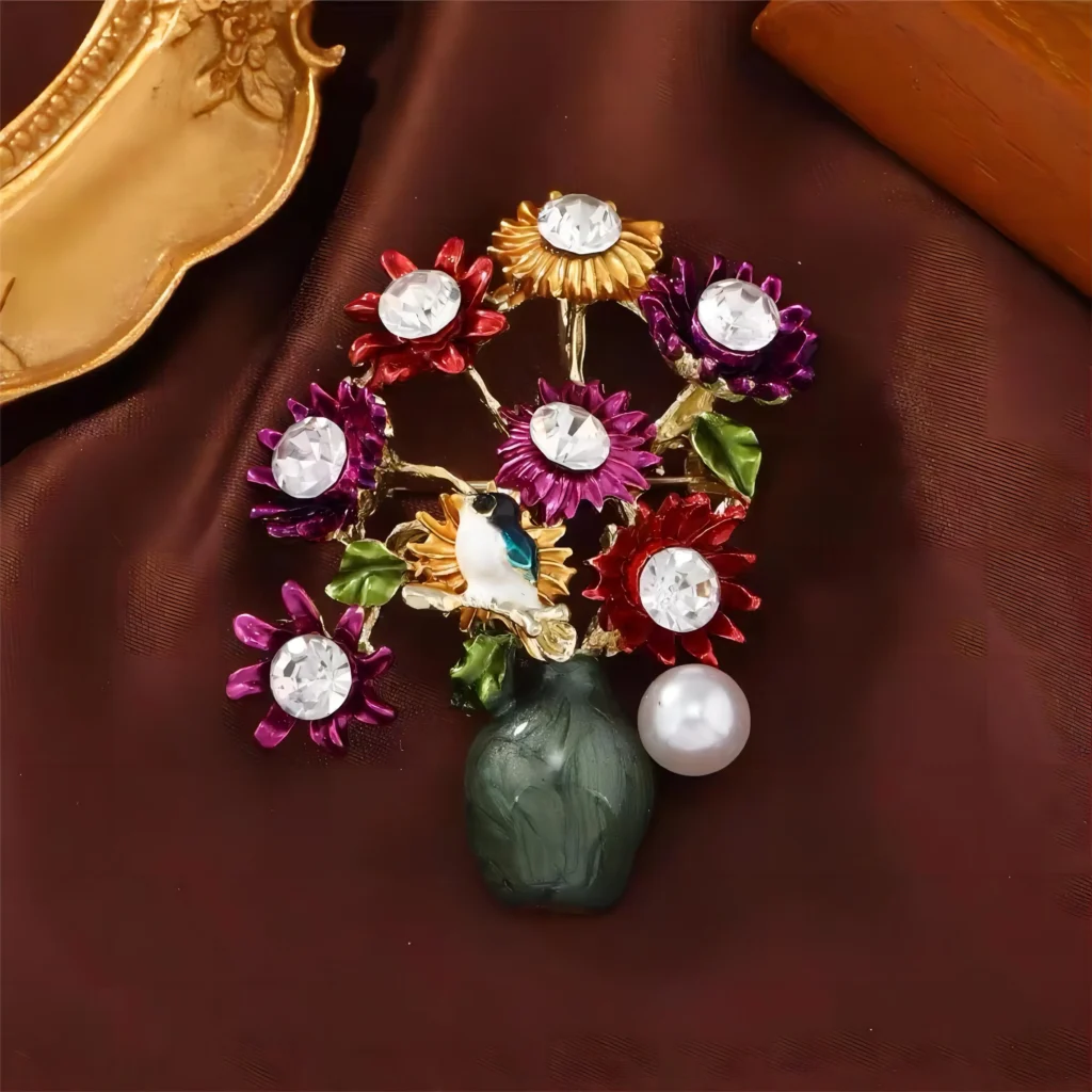 Broches de girasol de jarrón de diamantes de imitación para mujer, alfileres de flores de planta de perla Unisex, accesorios de ropa de decoración de mochila de fiesta de evento