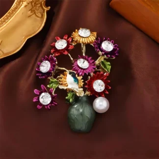 Broches de girasol de jarrón de diamantes de imitación para mujer, alfileres de flores de planta de perla Unisex, accesorios de ropa de decoración de mochila de fiesta de evento