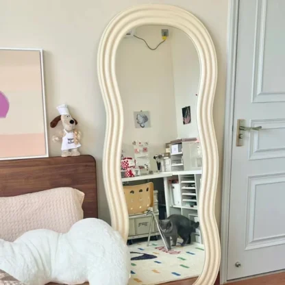 Suelo de viento de crema para mujer contra la pared, espejo de tocador de cuerpo completo, uso doméstico, arte ondulado, colgante de pared, espejo de ajuste