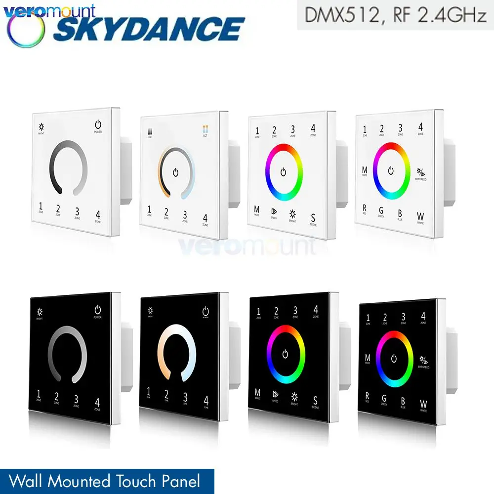 T11 T12 T13 T14 T15 4 zonas de un solo color RGB RGBW Panel táctil montado en la pared Controlador DMX 100-240VAC DMX512, RF 2,4 GHz