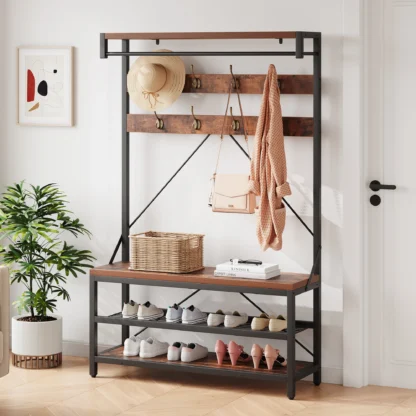 Perchero Banco para zapatos, banco de entrada 4 en 1 con perchero con 8 ganchos y estante de almacenamiento de 3 niveles, muebles decorativos con apariencia de madera
