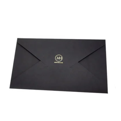 Producto personalizado, papel de aluminio impreso personalizado, estampado negro, sobre de papel kraft, tarjeta de invitación, soporte de voucher