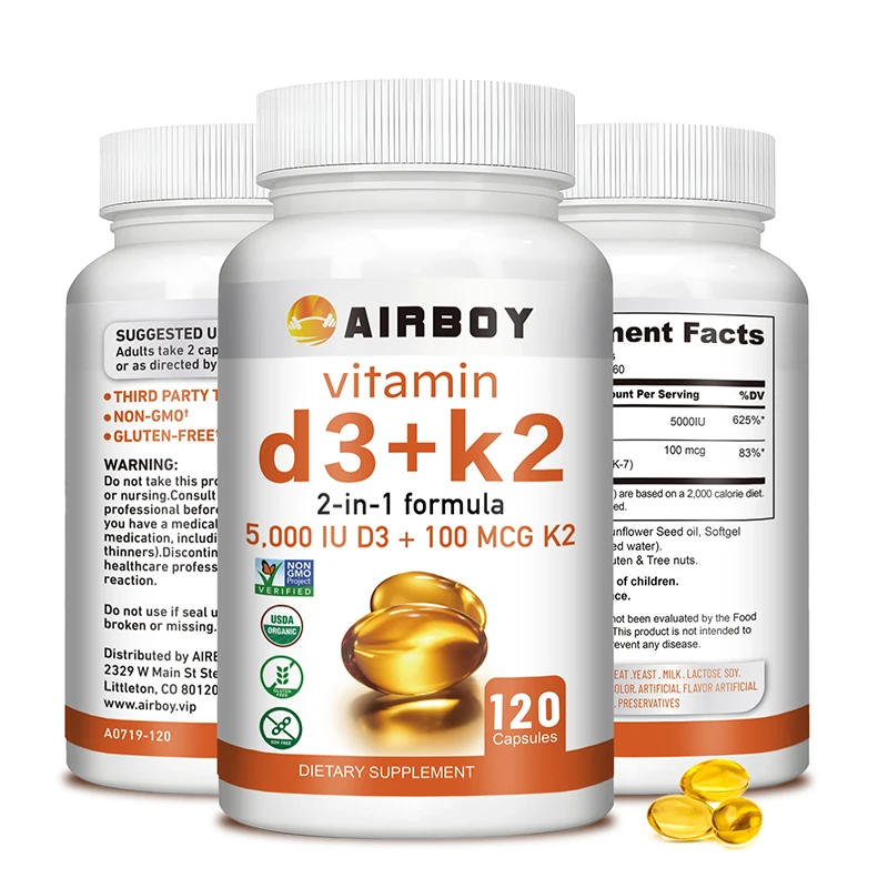 Cápsulas de vitamina D3 + K2, huesos fuertes, salud del corazón, salud de las articulaciones, promueve la absorción de calcio