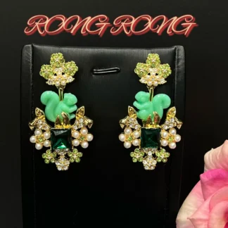 Pendientes de diamantes de hierba de flor de ardilla verde de segunda mano, pendientes Vintage de gama alta frescos pesados