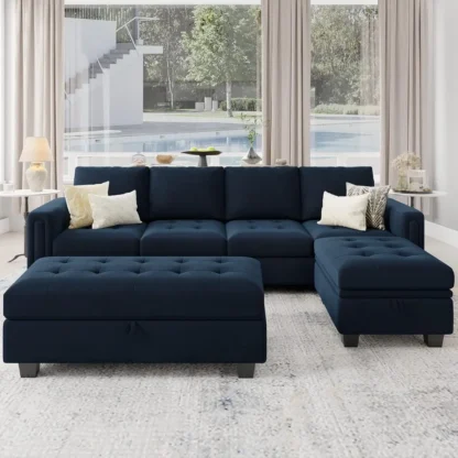 Sofá seccional convertible de terciopelo de 4 plazas con chaise reversible: elegante juego de muebles de sofá en forma de L con almacenamiento
