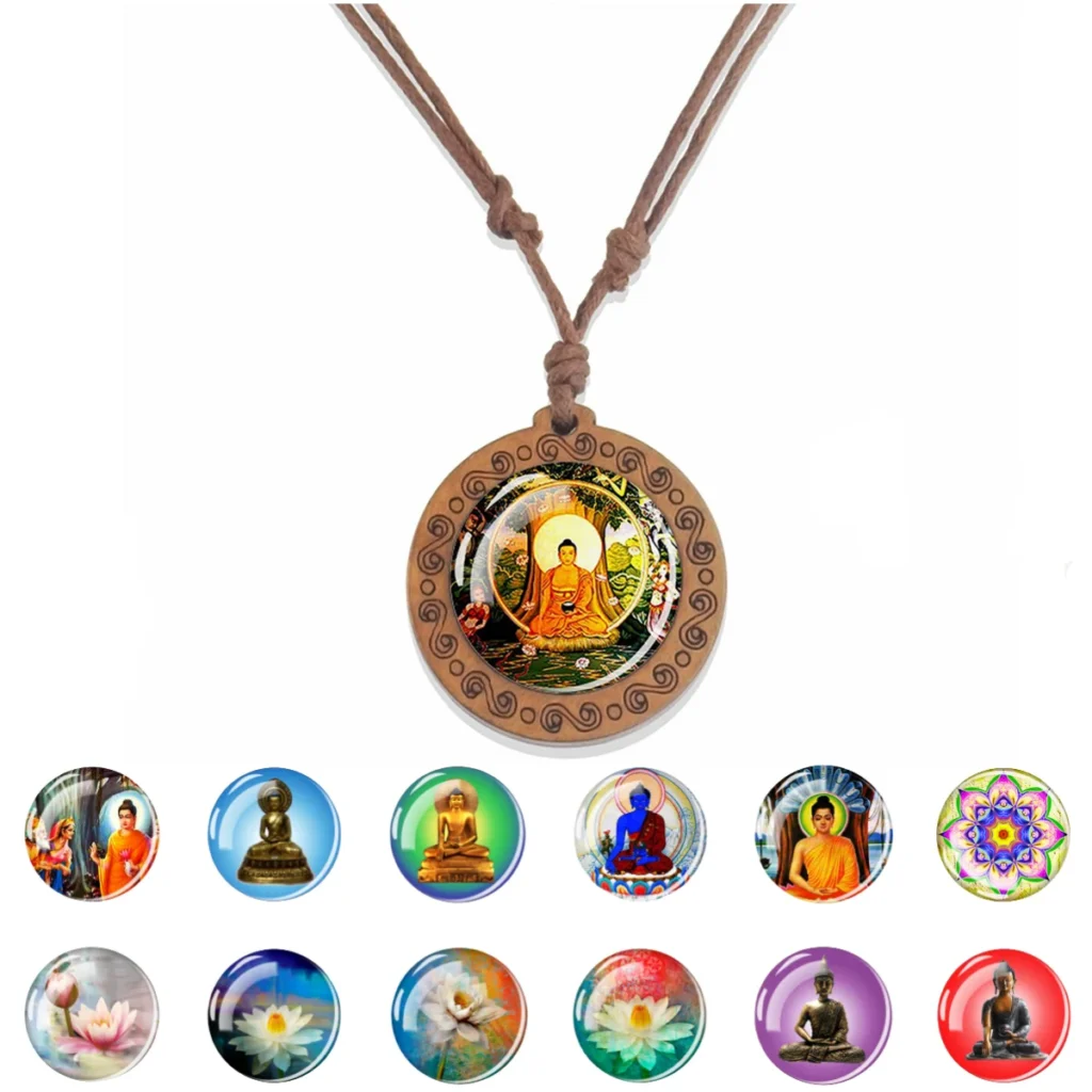 Colgantes budistas bon-collar de cúpula de cristal de imagen de Buda de fe de loto, colgante de Base de madera hecho a mano, regalo de Festival Menglan