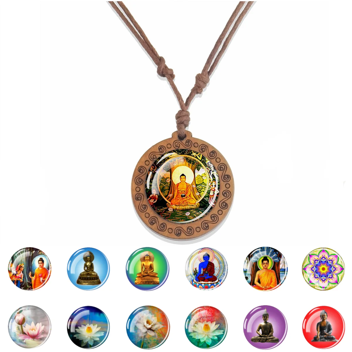 Colgantes budistas bon-collar de cúpula de cristal de imagen de Buda de fe de loto, colgante de Base de madera hecho a mano, regalo de Festival Menglan