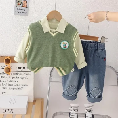 Traje de manga larga para niños, chaleco de dinosaurio de dibujos animados, camisas y pantalones, 3 piezas, nuevo estilo, 2024